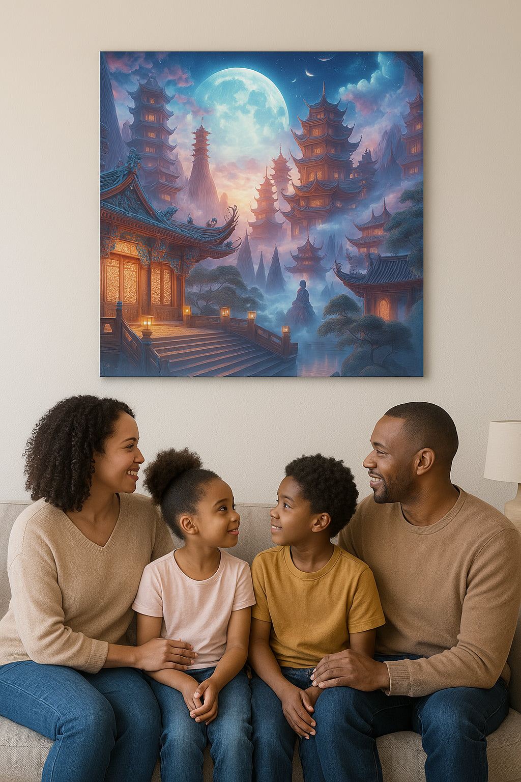 Elevate your decor with this mystical moonlit pagoda wall art. Featuring serene Asian architecture under a full moon, this tranquil landscape is perfect for adding peace and elegance to your space.