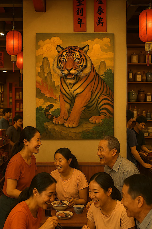 Tiger painting on wall in bustling traditional Chinese shop with lanterns, banners, and joyful people