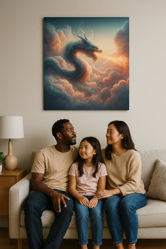 A majestic dragon with a long, sinuous body coils through swirling clouds as it breathes glowing fire into the sky. The creature's fierce expression and illuminated mane are set against a dramatic twilight background, blending elements of fantasy and East Asian mythology.  Available in 300 and 600dpi