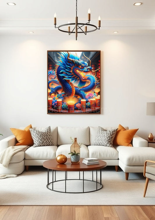 A luminous East Asian dragon with flowing silver scales soars through misty festival skies, surrounded by glowing lanterns and bursts of fireworks. Rendered in ultra-high resolution and printable at both 300 and 600 DPI, this artwork is ideal for premium medium to large-format fine art prints.