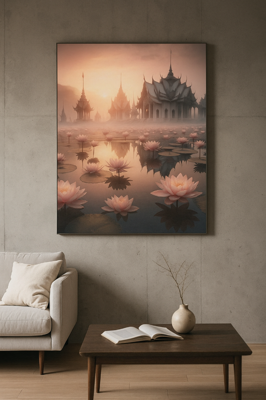 A tranquil pond filled with pink lotus flowers in full bloom, reflecting the ornate spires of traditional Thai temples in the background. Warm, golden light filters through a gentle mist, creating a sacred and serene atmosphere.