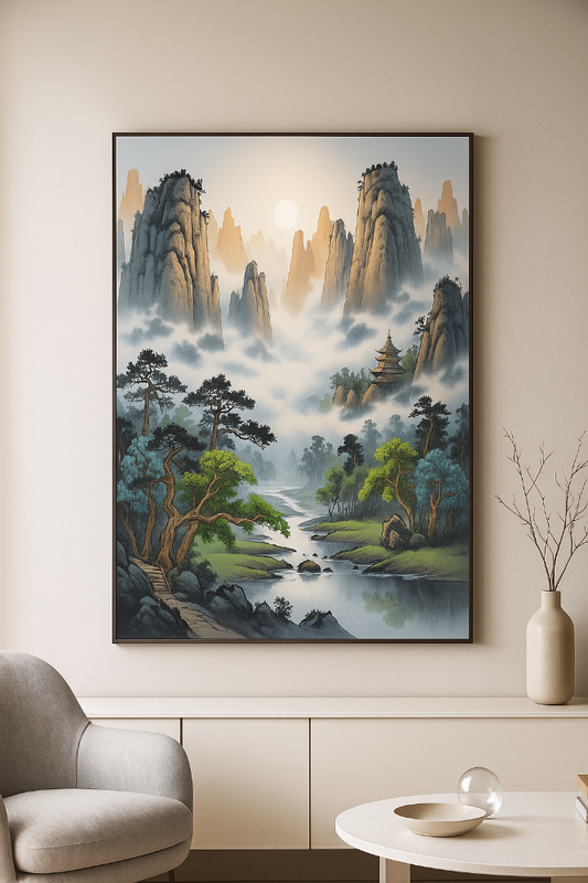 A tranquil East Asian landscape artwork featuring mist-shrouded, jagged mountains, lush green trees, a calm river with a small bridge, and a distant pagoda perched on a rocky outcrop. Soft sunlight bathes the scene, blending nature and culture in serene harmony.