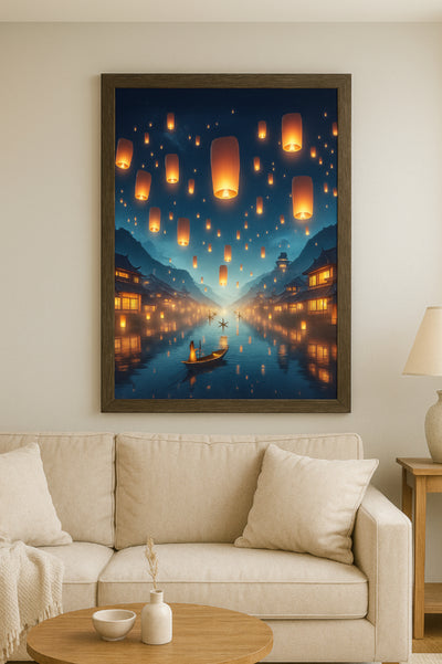 Digital artwork of floating lanterns over a tranquil mountain water village at night with traditional architecture and candlelit boat scene.