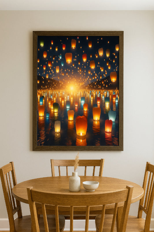 Digital art of floating lanterns at night, mirrored in still water under a dark blue sky—symbolizing peace, tradition, and spiritual release.