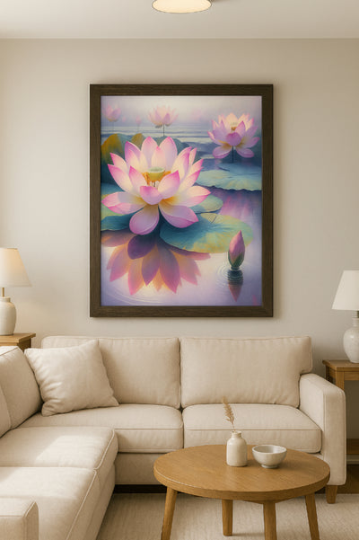 Realistic digital artwork of a lotus flower and lily pads on calm water with soft reflections—evoking tranquility and spiritual calm