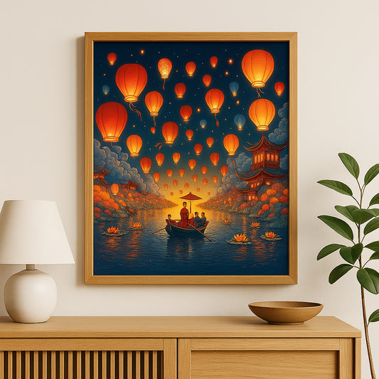 Framed mockup of the ‘Temple Dawnfall’ print in a minimalist room setting. The artwork features a misty mountain temple at sunrise with glowing rooftops and lanterns rising into a serene indigo sky.