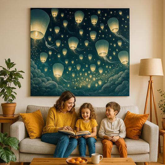 Unframed print titled ‘Path of Light’ shown in a lively family living space. Glowing lanterns rise above a twilight temple, infusing the room with energy, warmth, and spiritual movement