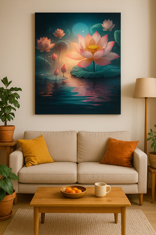 A digital artwork titled ‘Twilight Bloom’ showing pink lotus flowers floating on tranquil water under a twilight sky, softly illuminated by ethereal light and surrounded by glowing leaves and dreamy reflections