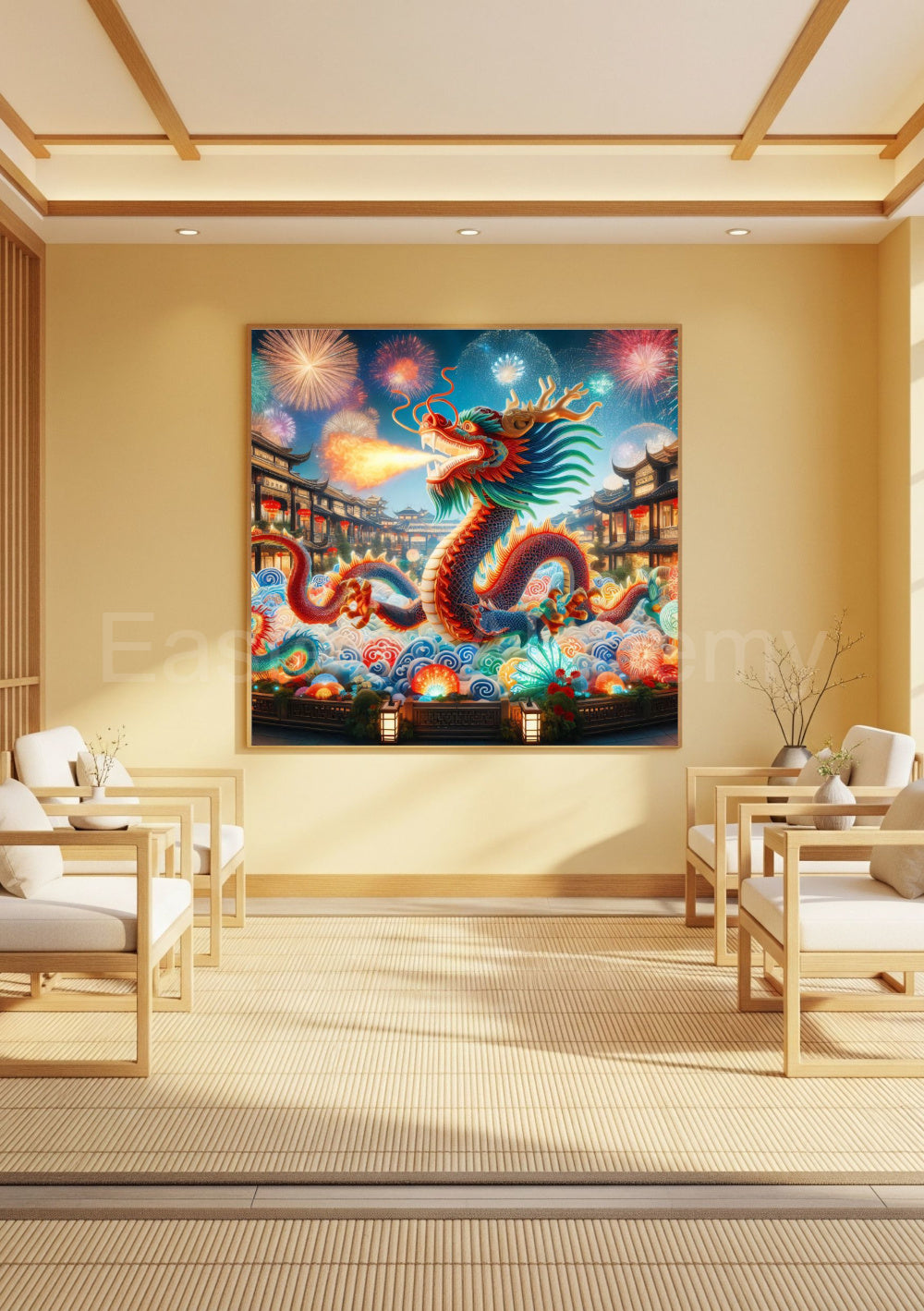 An ethereal East Asian dragon with gleaming silver scales dances through firework-lit clouds above a lantern-filled festival sky. Brimming with symbolism and warmth, this high-resolution artwork is printable at 300 and 600 DPI—ideal for premium medium and large-format fine art displays.