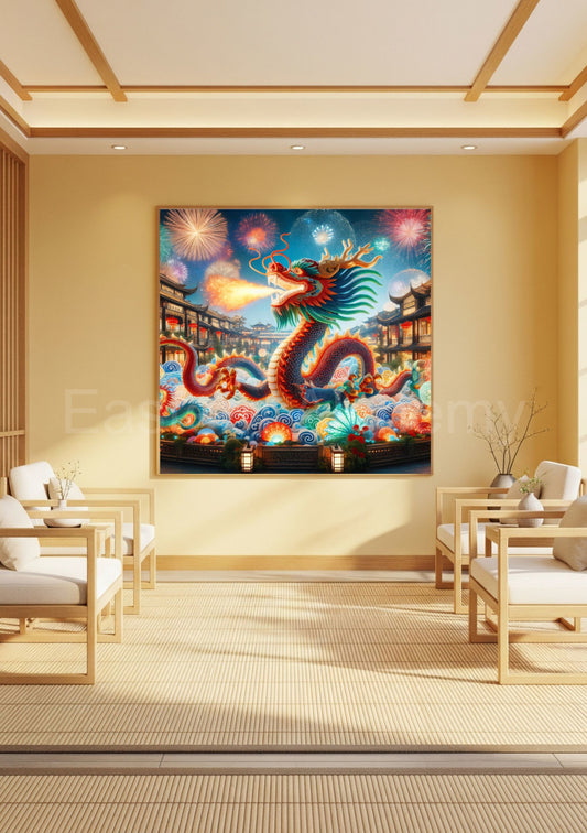 An ethereal East Asian dragon with gleaming silver scales dances through firework-lit clouds above a lantern-filled festival sky. Brimming with symbolism and warmth, this high-resolution artwork is printable at 300 and 600 DPI—ideal for premium medium and large-format fine art displays.
