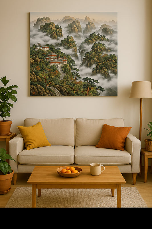 Digital artwork titled ‘Heaven’s Path’ depicting mist-covered mountains, flowing waterfalls, and sacred temples in a tranquil Chinese landscape. Rich in spiritual symbolism and natural beauty