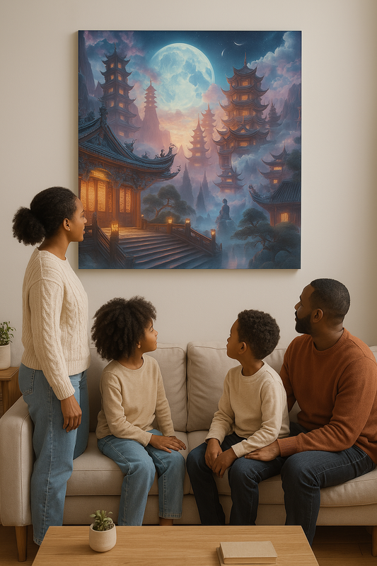 Elevate your decor with this mystical moonlit pagoda wall art. Featuring serene Asian architecture under a full moon, this tranquil landscape is perfect for adding peace and elegance to your space.