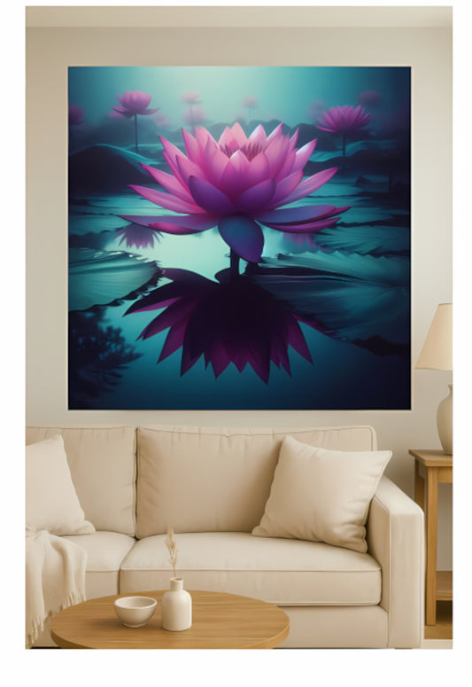 A peaceful living room with a beige sofa and white cushions, accompanied by a wooden coffee table holding a vase and decorative bowl. Above the sofa hangs a portrait-style canvas featuring a radiant pink lotus in full bloom, surrounded by soft ripples and reflections in teal and navy blue water, contributing a calming and elegant ambiance to the space.