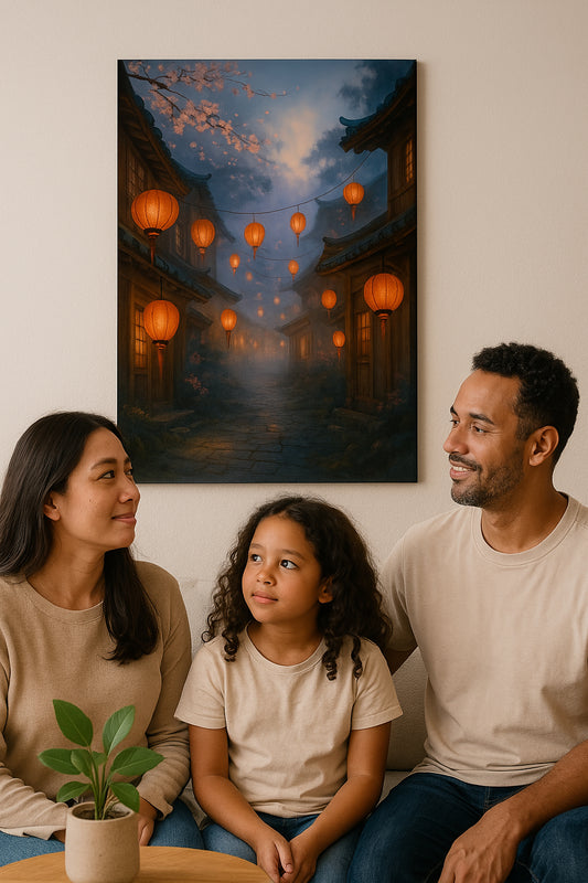 Family seated together beside a framed wall art print showing a lantern-lit cobblestone street with traditional buildings.”