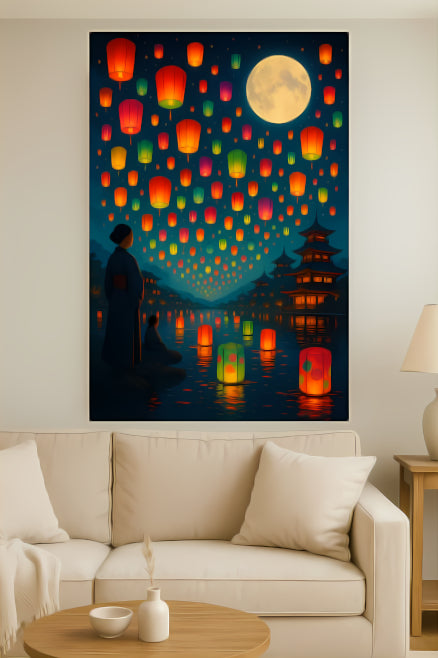 Living room with beige sofa and lantern festival wall art featuring floating lanterns, full moon, and pagoda by the water.