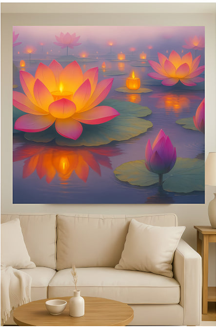 Living room with lotus pond wall art, beige sofa, wooden coffee table, glowing candles, serene ambiance.