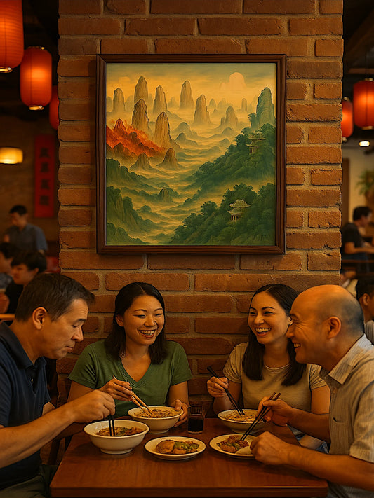 Digital artwork depicting a fiery mountain landscape on one side and a serene Chinese pagoda nestled among misty green peaks on the other, symbolizing the Taoist balance of Yin and Yang through elemental fire and tranquil earth.