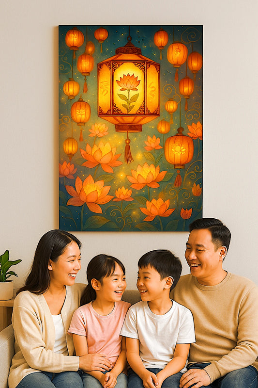 Digital wall art in portrait style—mystical Eastern Alchemy print in serene living room with a Chinese family in soft focus foreground.