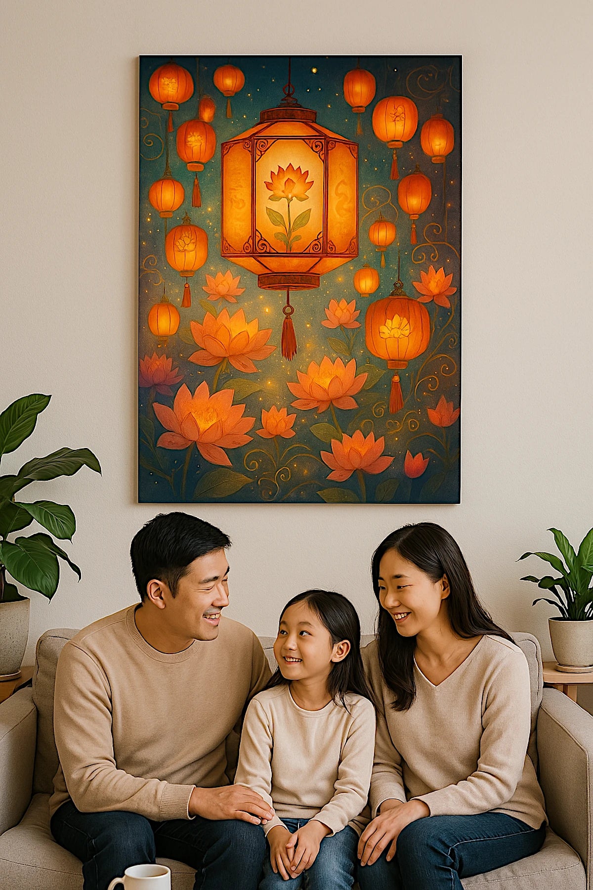 Digital wall art in portrait style—mystical Eastern Alchemy print in serene living room with a Chinese family in soft focus foreground.