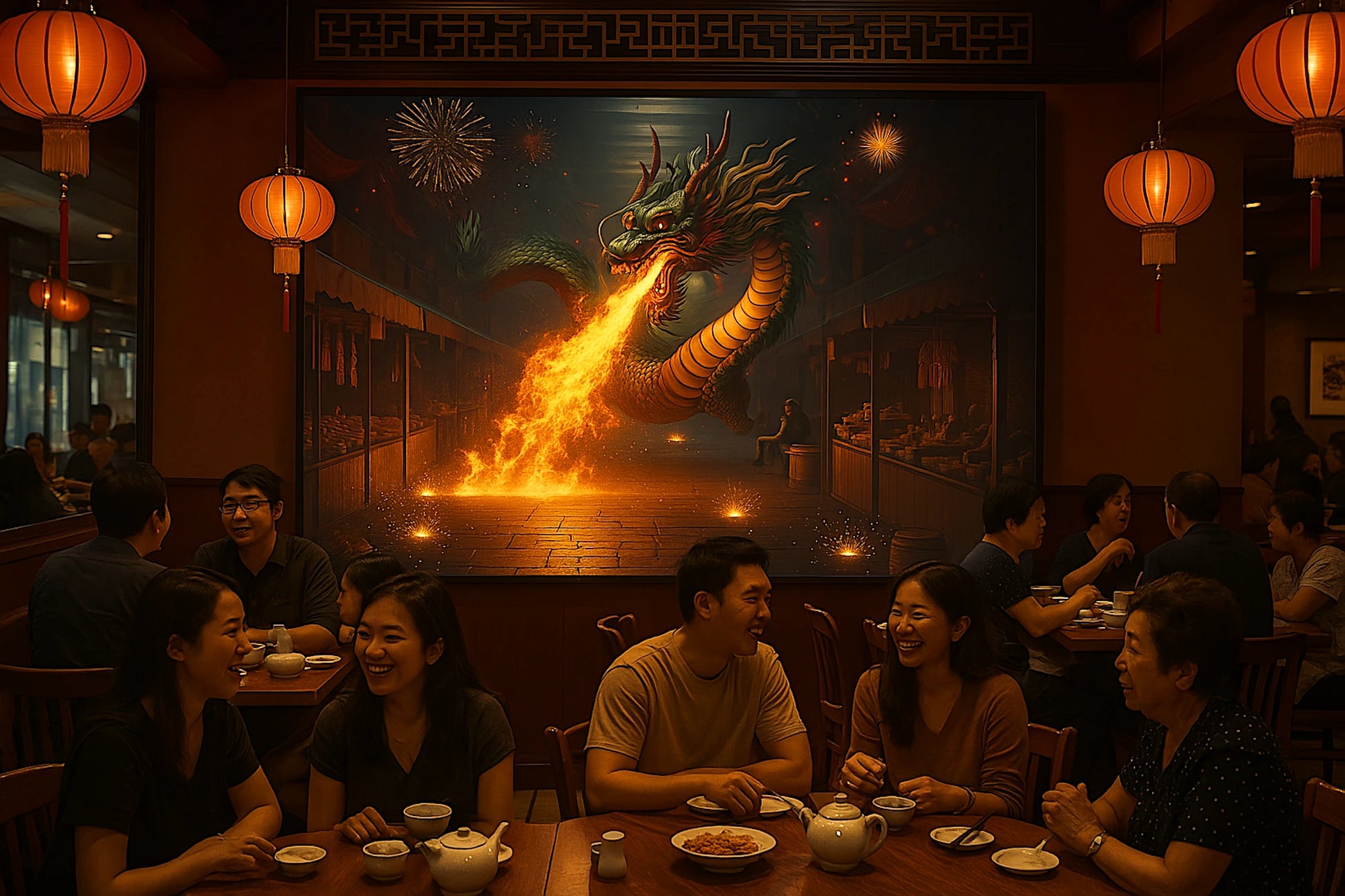 Interior of a traditional Chinese restaurant with red lanterns and wooden décor. A large digital painting of a green-scaled, fire-breathing dragon dominates the wall, set against a night-time marketplace with fireworks and red lanterns. Diners of various ages and ethnicities are seated at wooden tables, enjoying meals and lively conversation. The dragon’s fiery breath illuminates the scene, symbolizing vitality and auspicious energy in Chinese mythology.