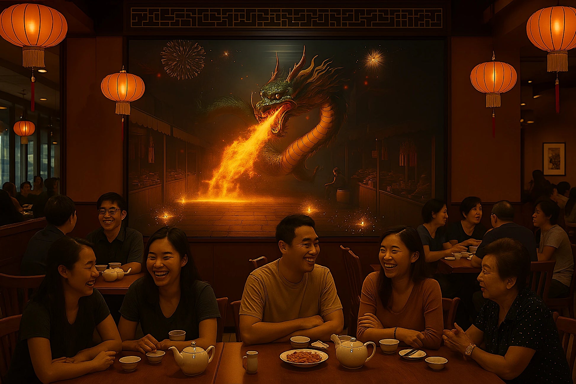 A warmly lit Chinese restaurant with red walls and hanging lanterns. Patrons are dining beneath a vivid digital artwork of a serpentine dragon spewing fire over a traditional market scene. The dragon features green scales, red mane, and twisted horns, evoking Chinese ethereal symbolism. In the foreground, two young couples laugh and chat over tea and food, while other diners engage in conversation. The atmosphere blends cultural tradition with joyful community spirit.