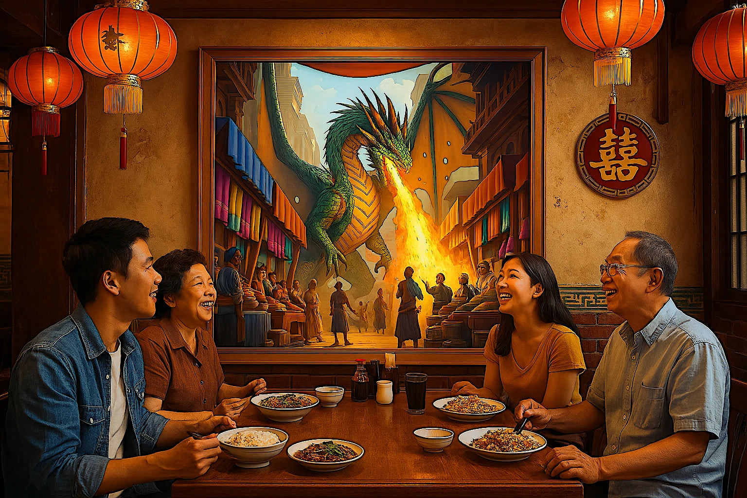 Visionary digital illustration of a jade-colored dragon weaving through an ancient market filled with echoing voices, incense smoke, and rich textiles. The dragon’s fiery breath and shimmering scales evoke transformation and spiritual power.