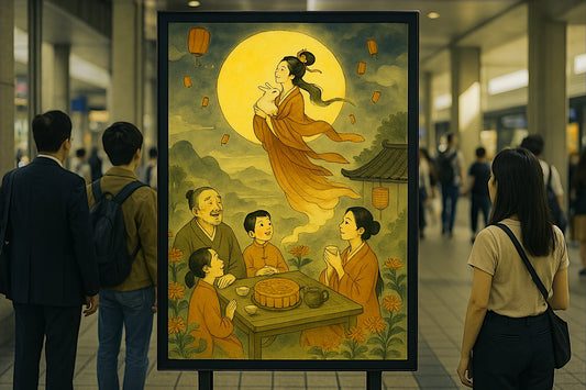 - Mid-Autumn family gathering under lantern moon in traditional Chinese art style"
- "Art print of Chang’e Moon Goddess holding white rabbit at ancestral reunion table"
- "September-themed spiritual illustration with lanterns, mooncakes, and seasonal fruits"
- "Lunar celebration artwork with symbolic colors: Lantern Violet, Mist Silver, Karmic Blue"
- "Culturally inspired wall art for Mid-Autumn Festival with ancestral and celestial motifs

