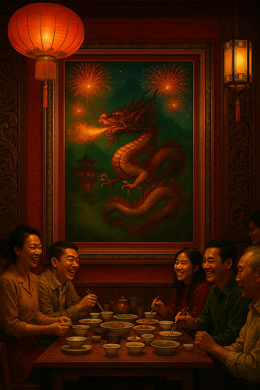 A majestic East Asian dragon with shimmering scales and flowing whiskers winds through misty clouds above a lantern-lit festival sky. Fireworks burst in the background, enhancing the sense of motion and celebration. This ultra-high-resolution piece is printable at 300 and 600 DPI, ideal for medium and large-format fine art displays.