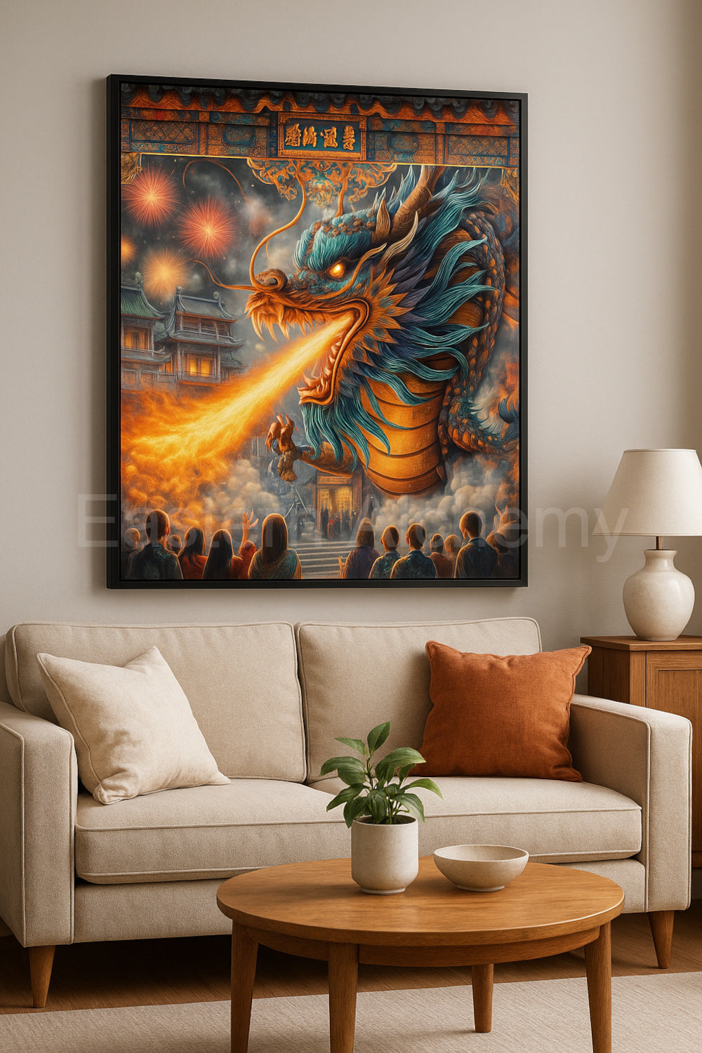 A mythic East Asian dragon with shimmering silver scales curls through dramatic clouds above a skyline lit by lanterns and fireworks. Its luminous breath and flowing whiskers add motion and mystique. This ultra-high-resolution digital artwork is printable at both 300 and 600 DPI—perfect for fine art prints ranging from gallery-grade medium sizes to expansive statement pieces.
