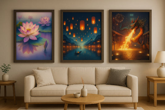 Digital mockup of the ‘Tranquility Trio’ wall art bundle displayed in a bright, modern interior. Features three vertically aligned 12x16 framed prints: a golden dragon marketplace, a meditative lotus bloom over water, and glowing lanterns floating above a twilight temple. The set evokes peace, spiritual balance, and East Asian-inspired serenity.